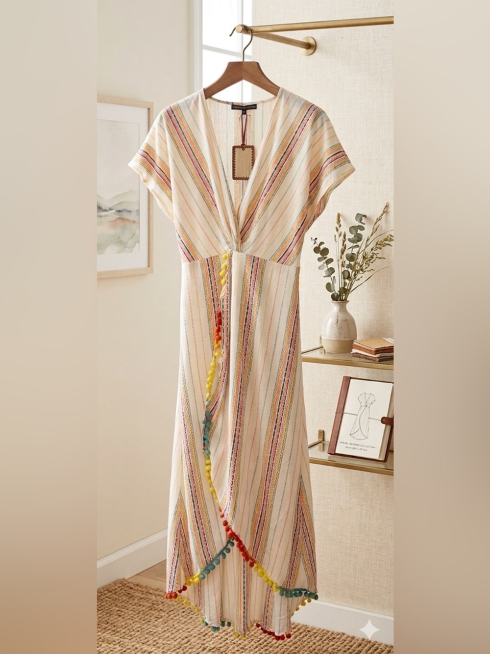 Cream Multi-Stripe Maxi Dress with Colorful Pom Trim